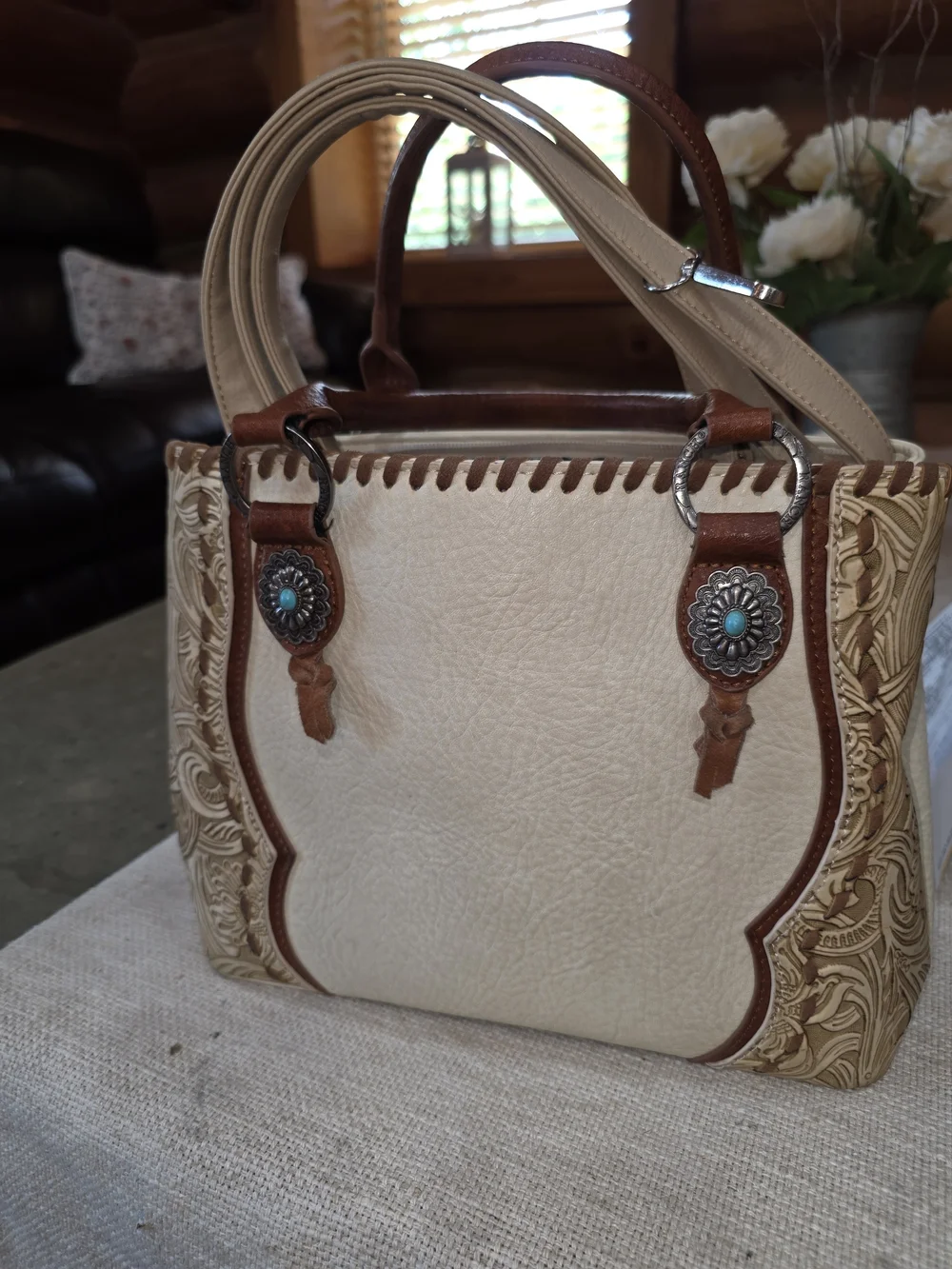 Western Tooled Leather Trinity Ranch Cream and Brown Women’s Satchel Handbag